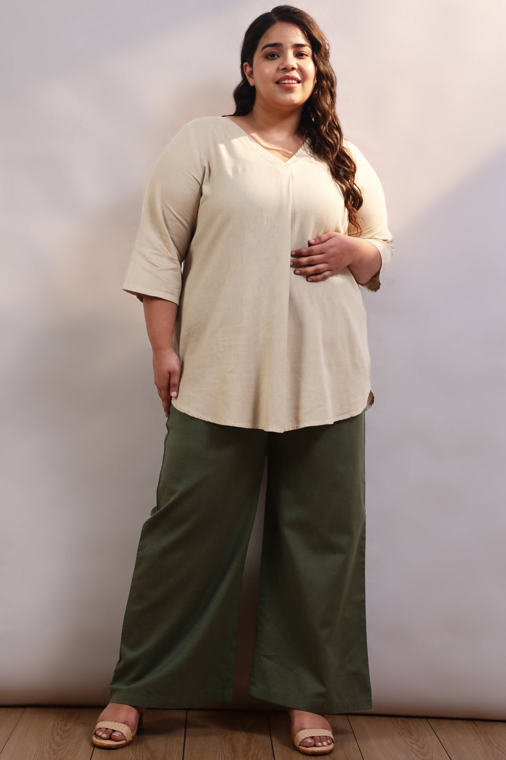 Cream Cotton Linen Centre Pleat Top