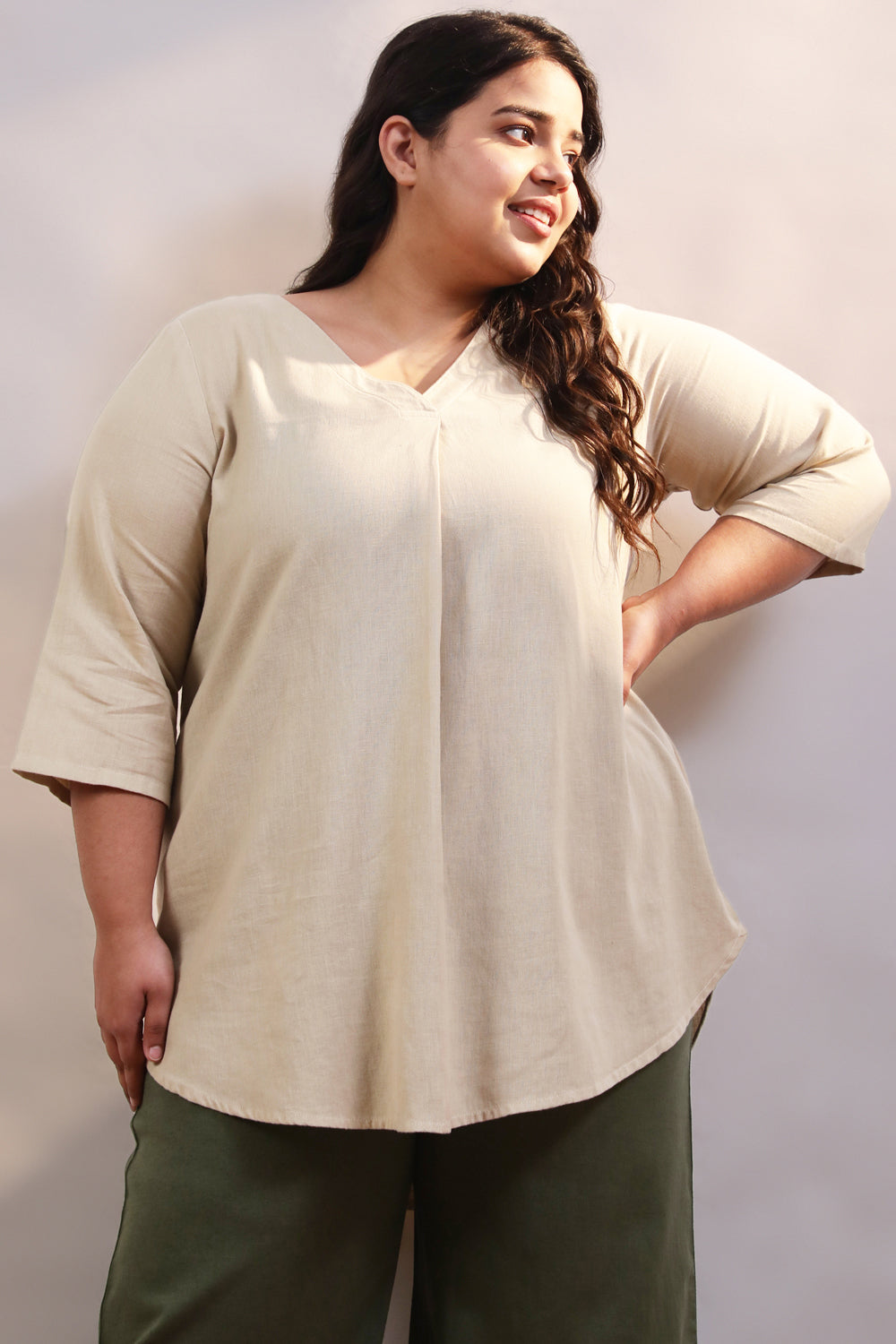 Cream Cotton Linen Centre Pleat Top