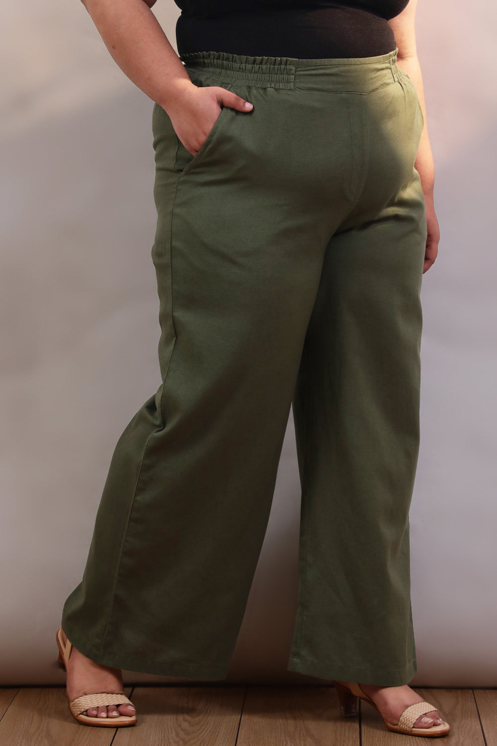 Plus Size Olive Cotton Linen Pants for Women