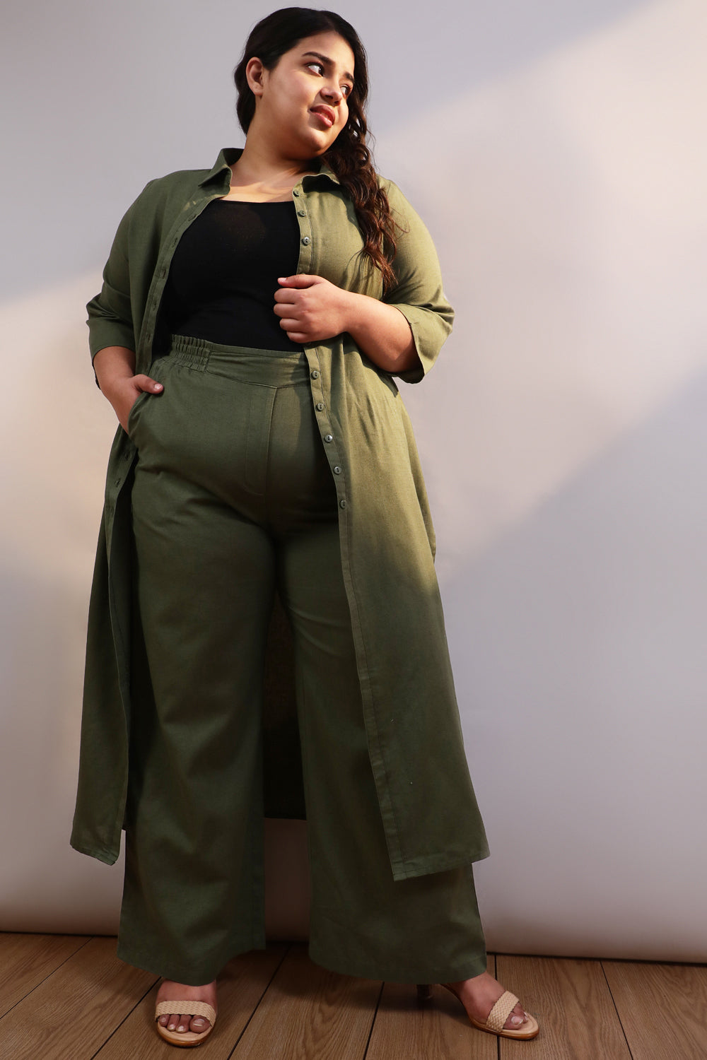 Buy Olive Cotton Linen Kurta Shrug