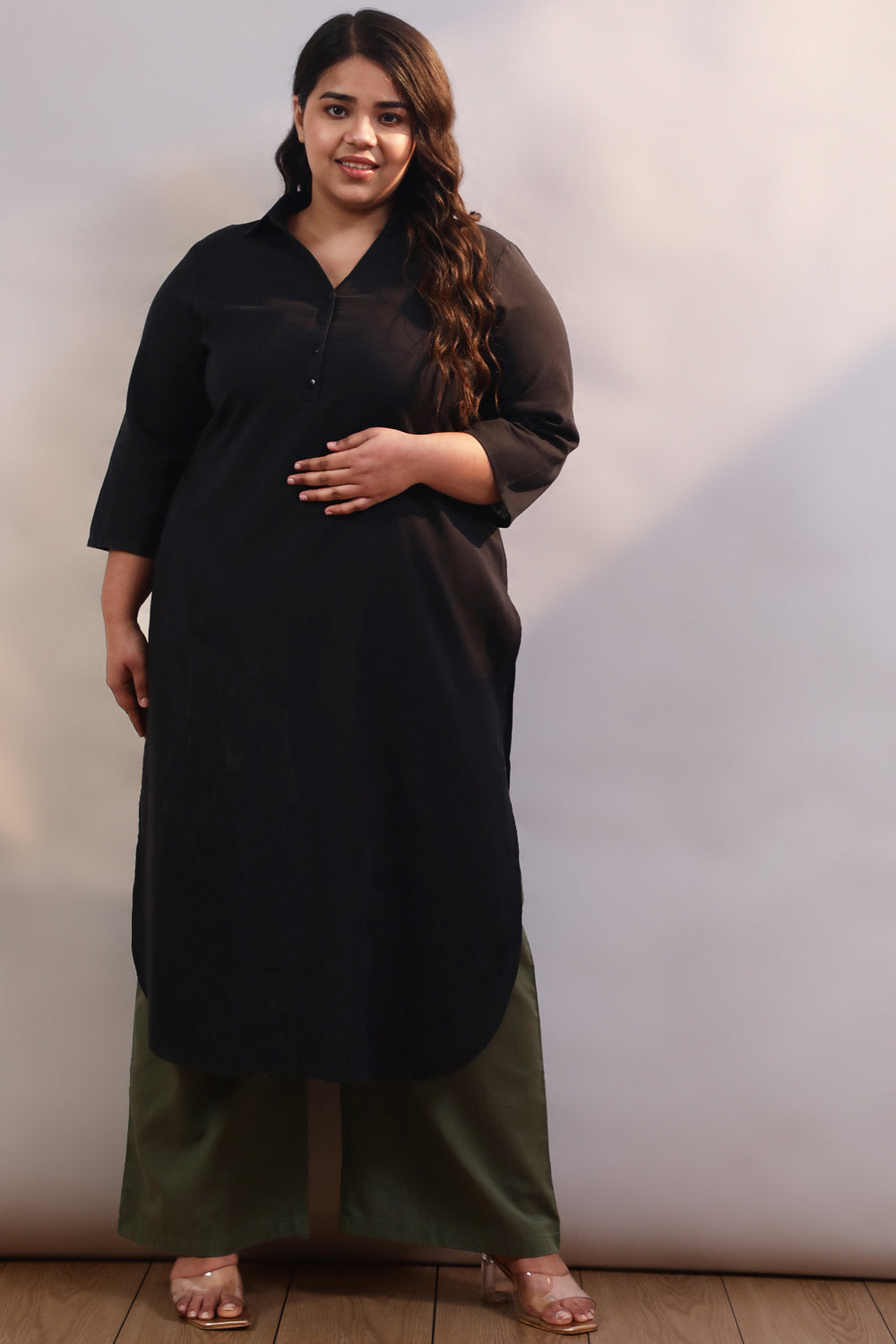 Plus Size Black Cotton Linen Collar Kurta
