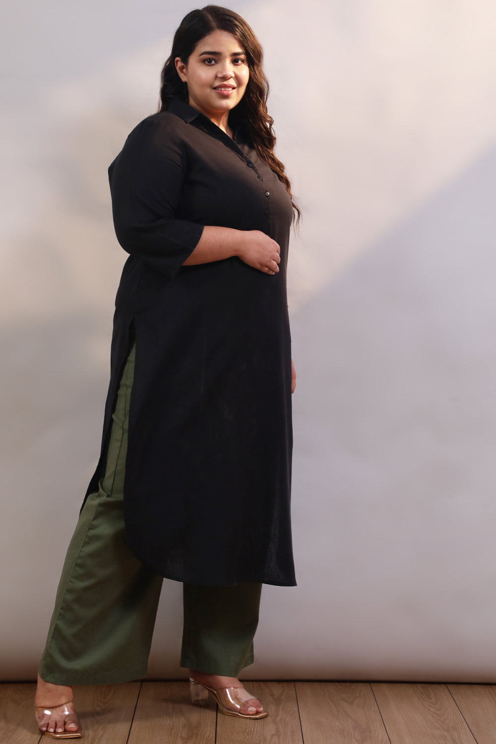 Buy Plus Size Black Cotton Linen Collar Kurta