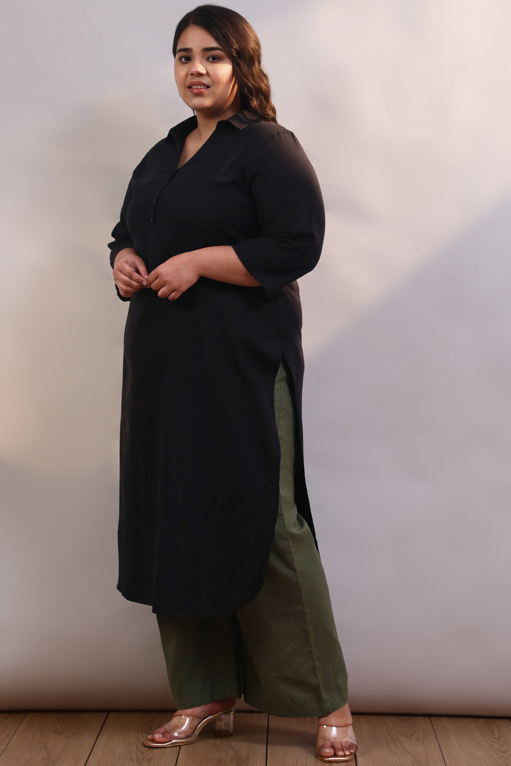 Plus Size Plus Size Black Cotton Linen Collar Kurta
