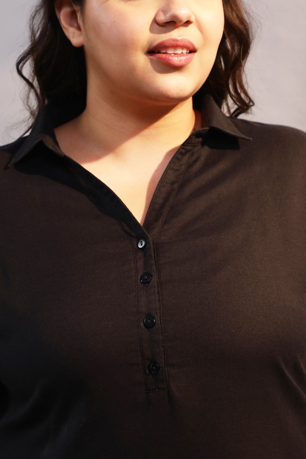 Plus Size Black Cotton Linen Collar Kurta for Women