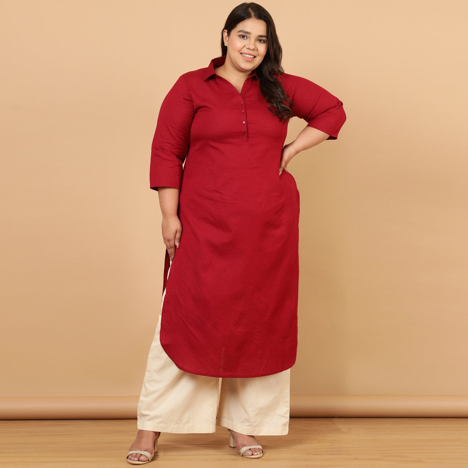 Plus Size Red Cotton Linen Collar Kurta