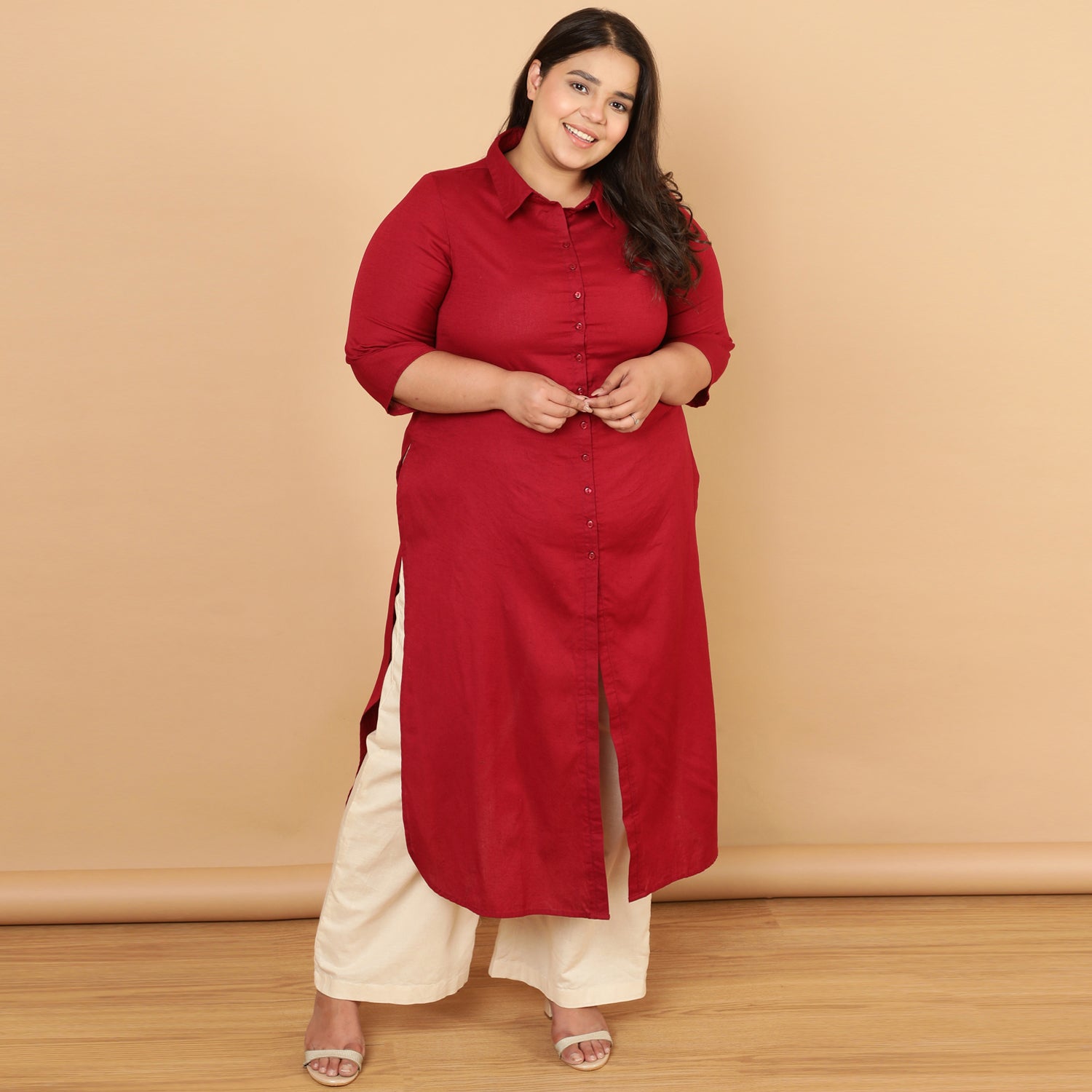 Red Cotton Linen Kurta Shrug