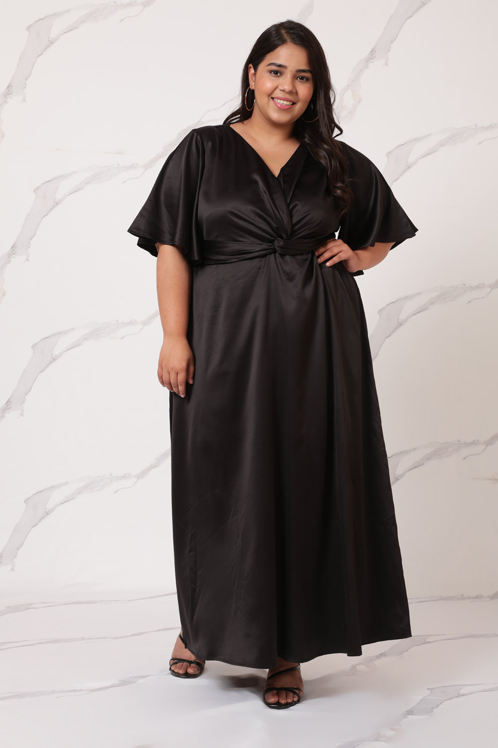 Plus Size Black Satin Knot Dress