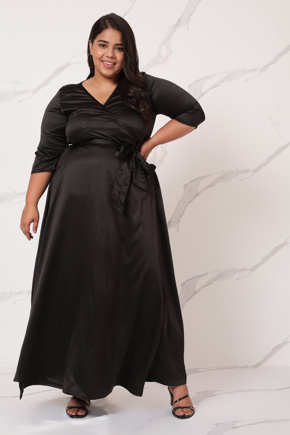 Plus Size Black Satin Cocktail Wrap Dress