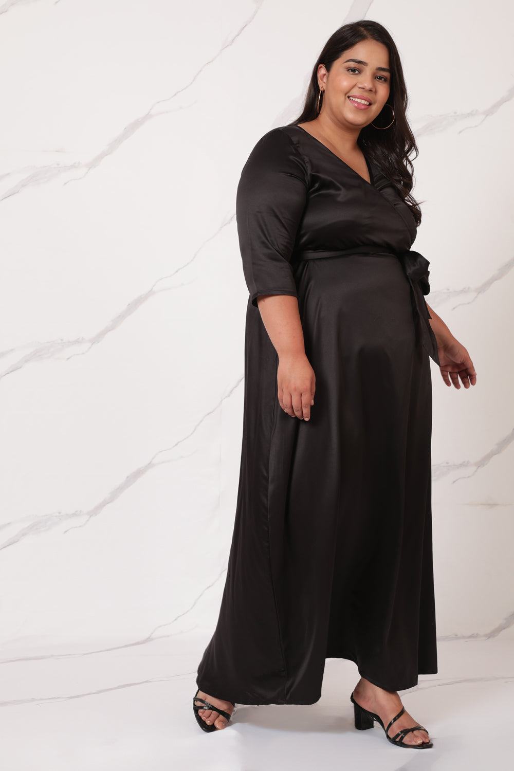 Black Satin Cocktail Wrap Dress for Women