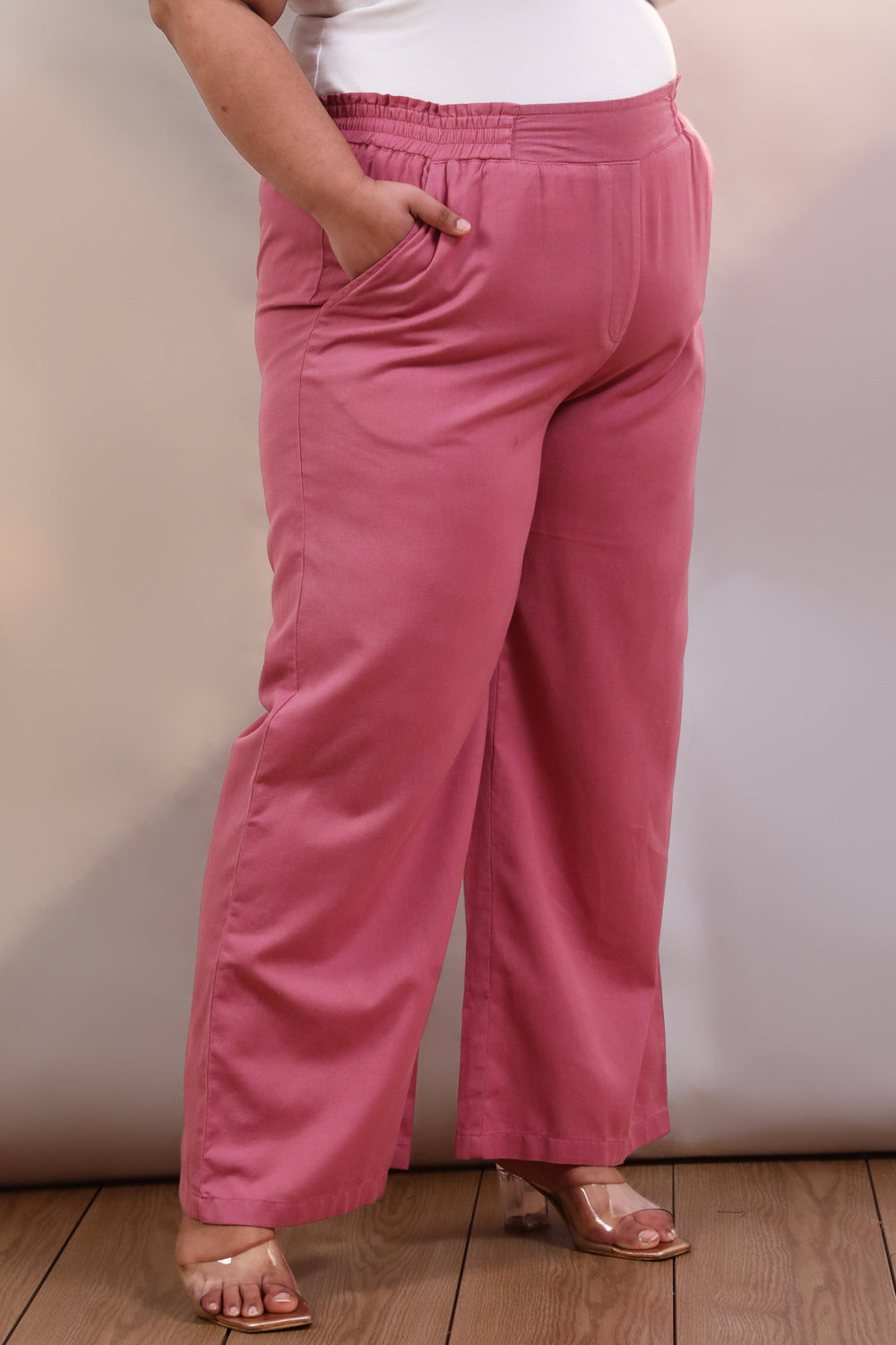 Plus Size Pink Cotton Linen Pants for Women