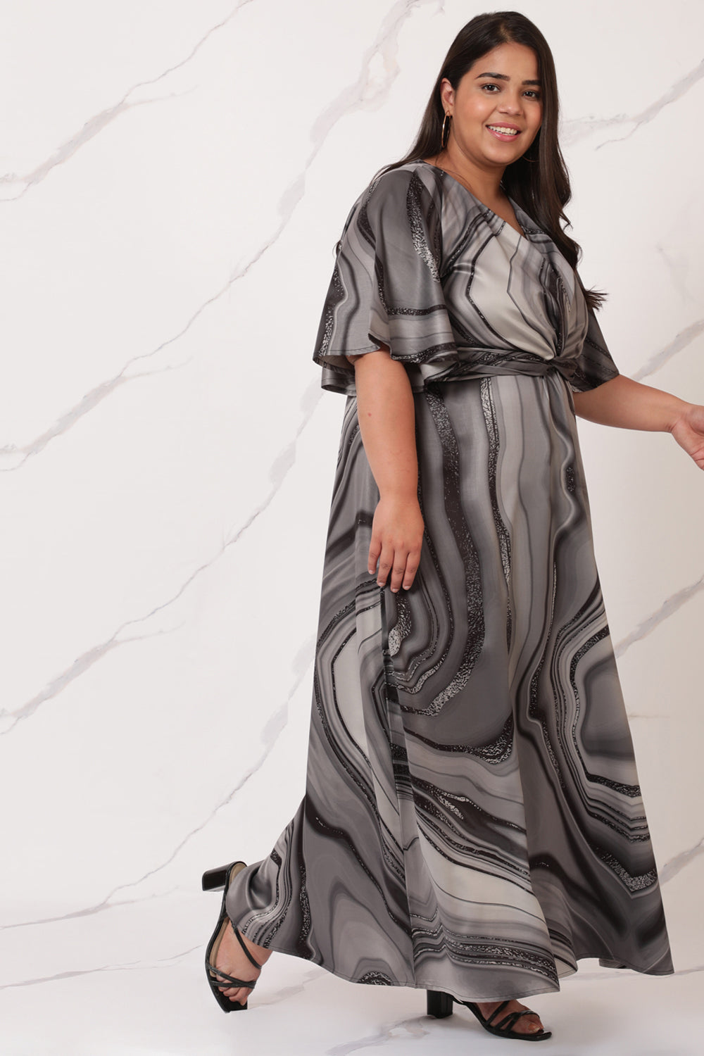 Buy Black Marble Satin Knot Dress