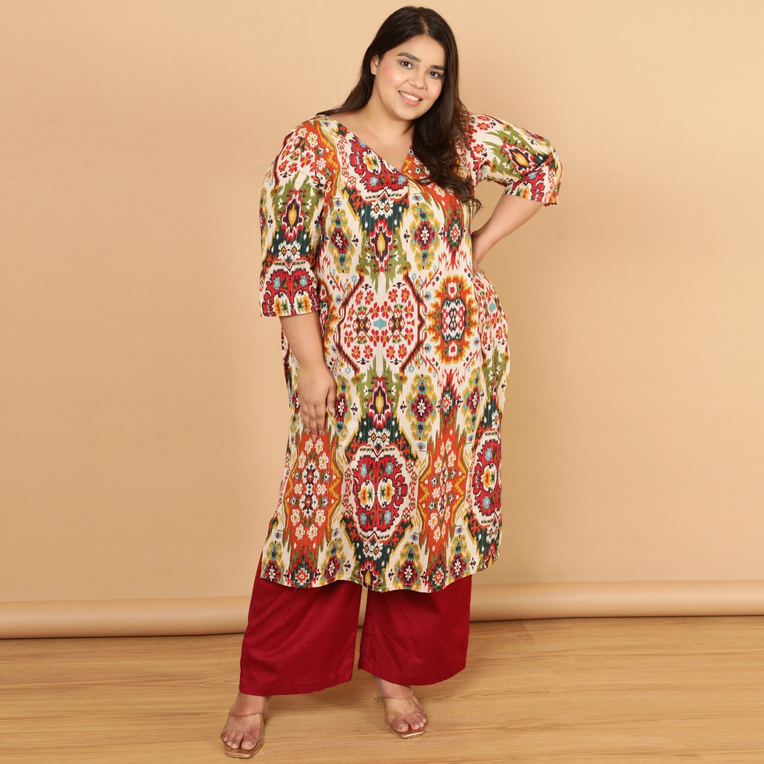 Plus Size White Patola Print Cotton Kurta