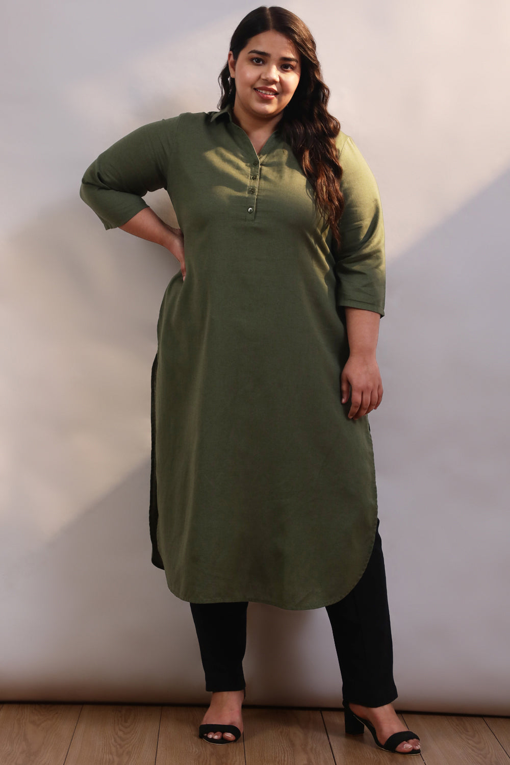 Olive Cotton Linen Collar Kurta