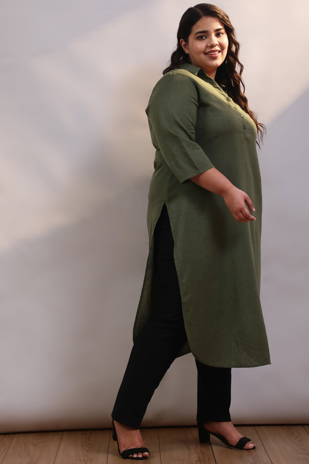 Buy Olive Cotton Linen Collar Kurta