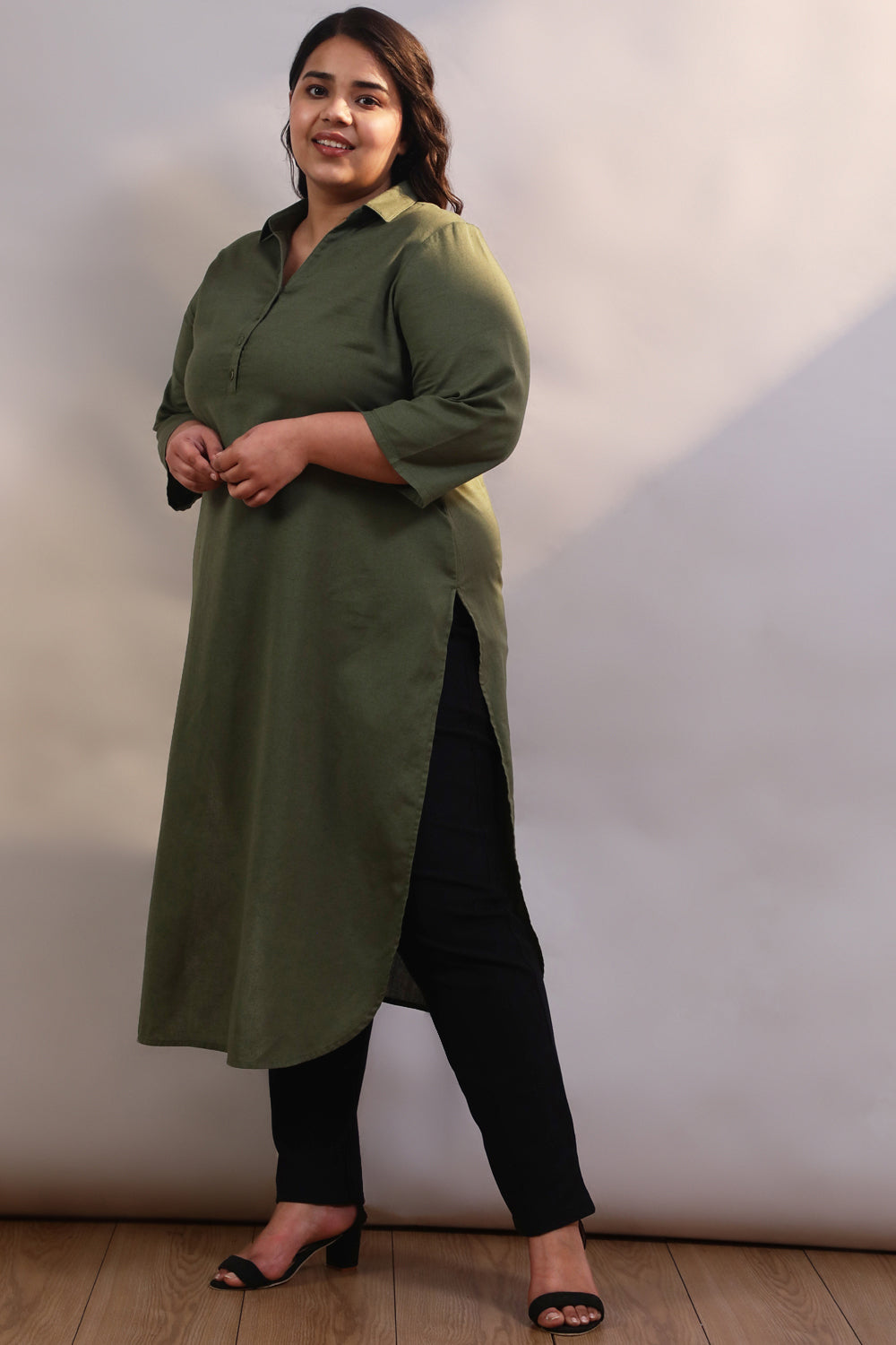 Plus Size Olive Cotton Linen Collar Kurta