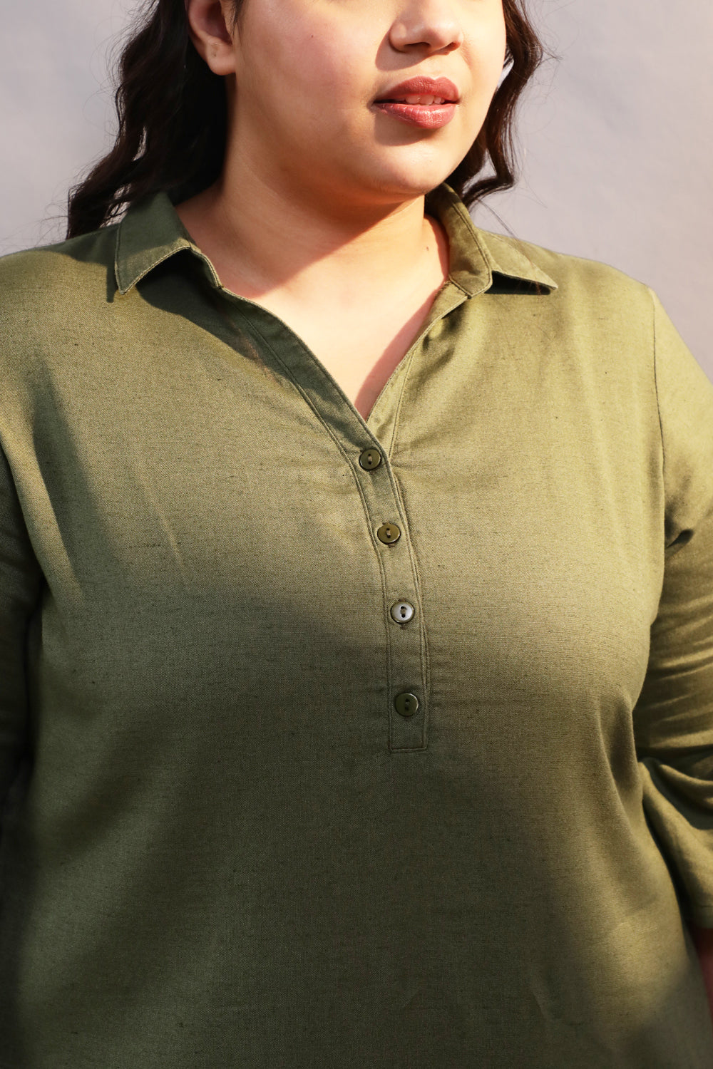 Olive Cotton Linen Collar Kurta for Women