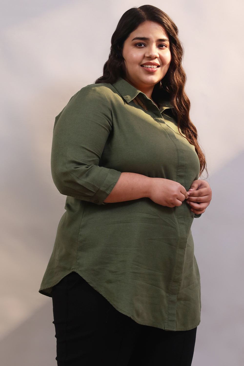 Plus Size Olive Cotton Linen Shirt