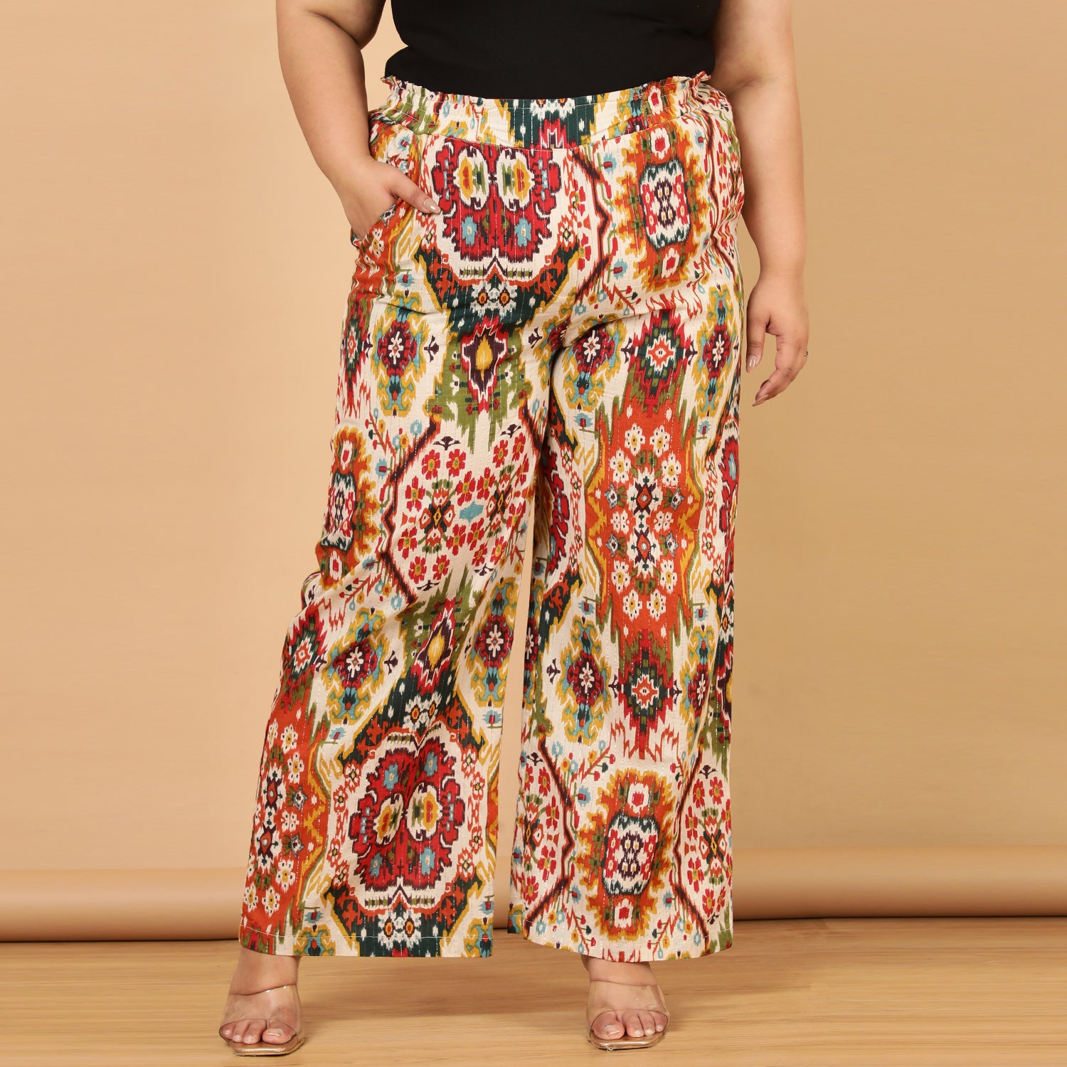 Plus Size White Patola Print Cotton High Waist Pants