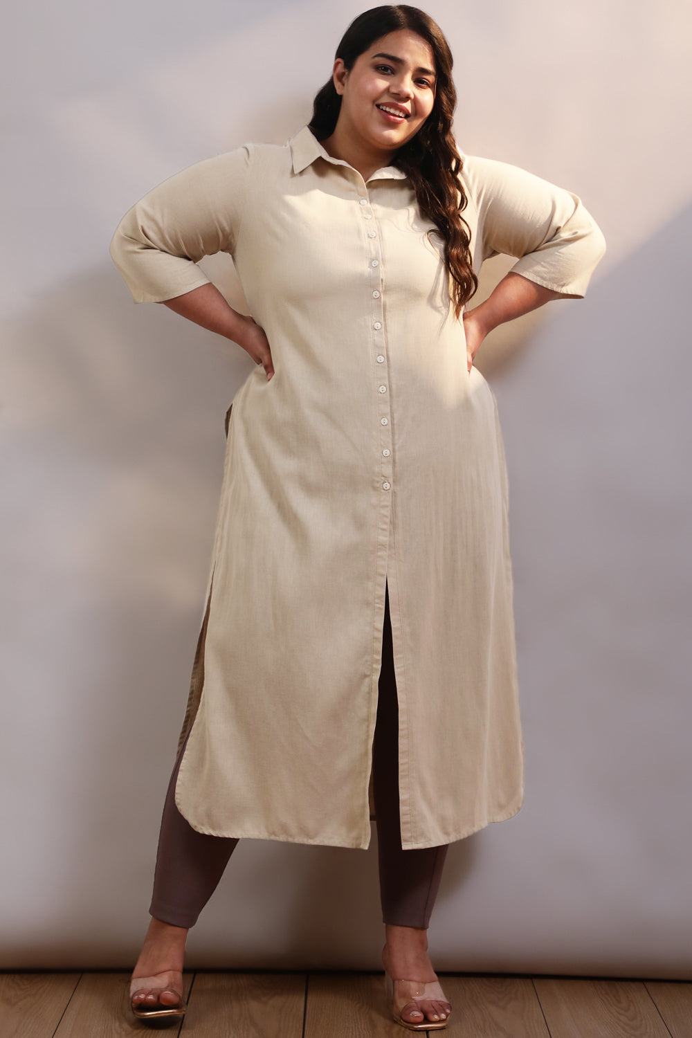 Plus Size Plus Size Cream Cotton Linen Kurta Shrug