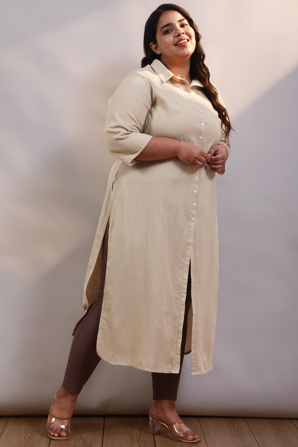 Plus Size Cream Cotton Linen Kurta Shrug for Women