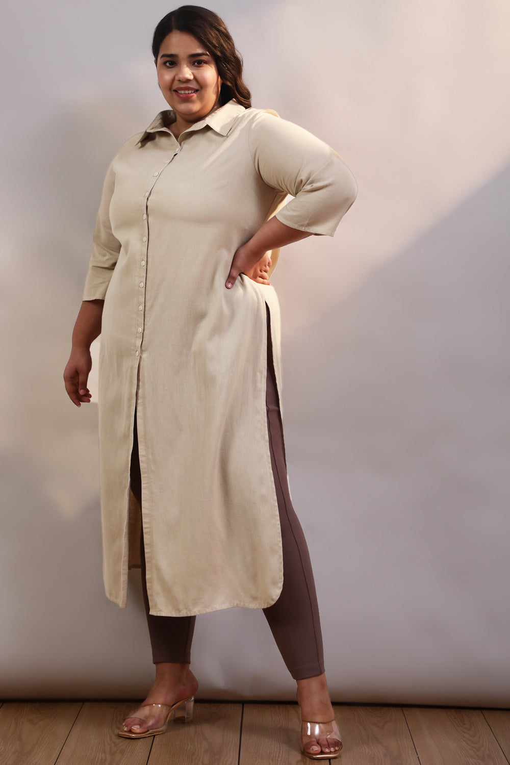 Comfortable Plus Size Cream Cotton Linen Kurta Shrug