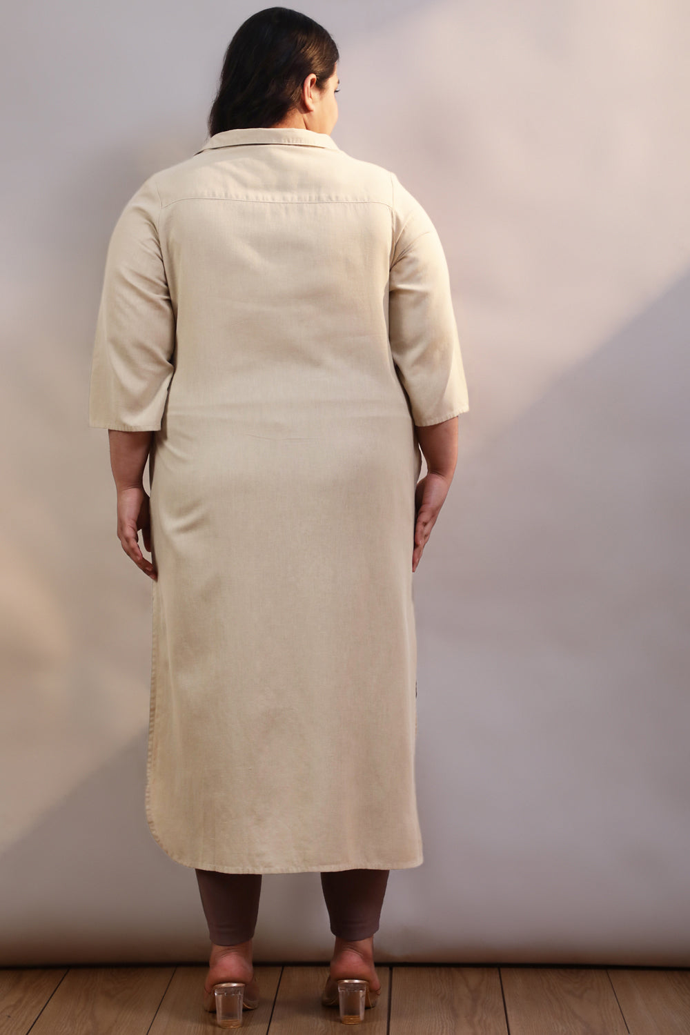 Plus Size Cream Cotton Linen Kurta Shrug