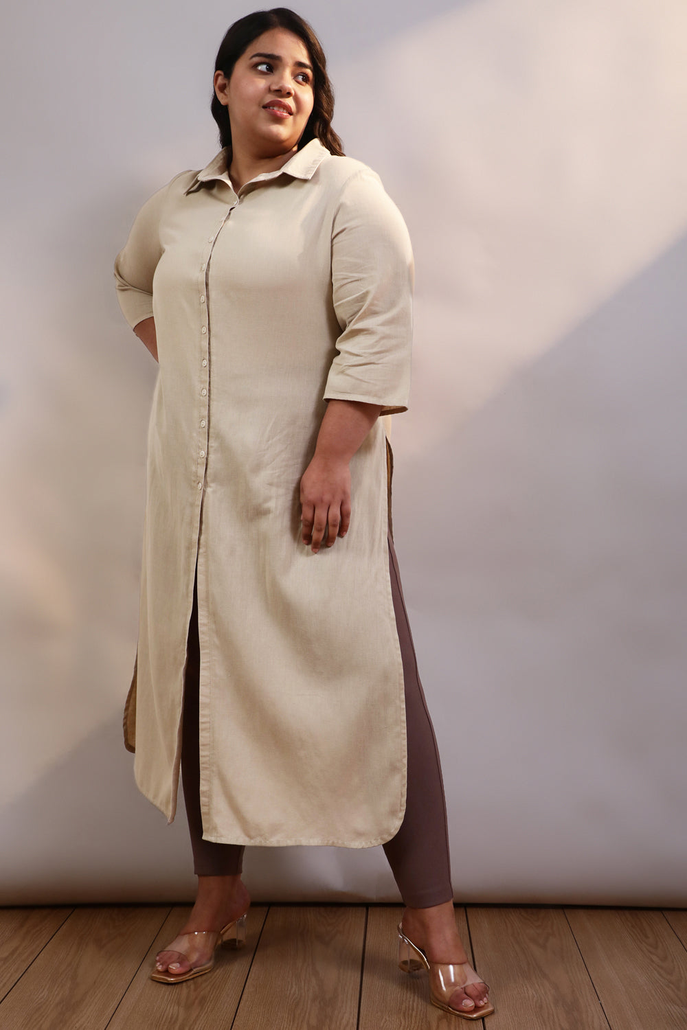 Plus Size Cream Cotton Linen Kurta Shrug