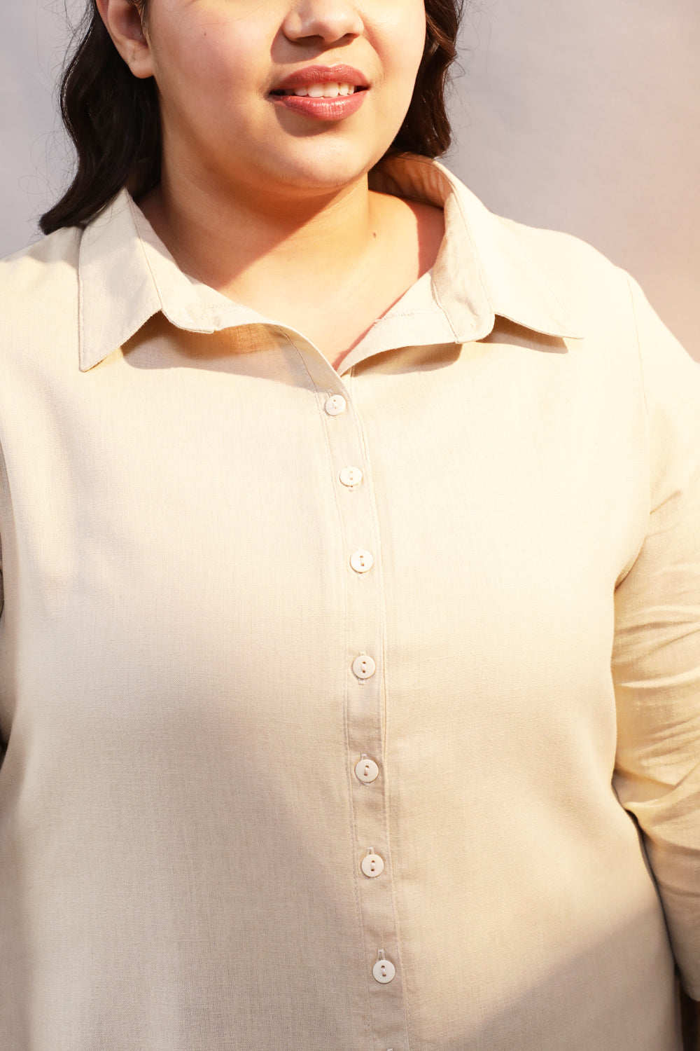 Plus Size Cream Cotton Linen Kurta Shrug