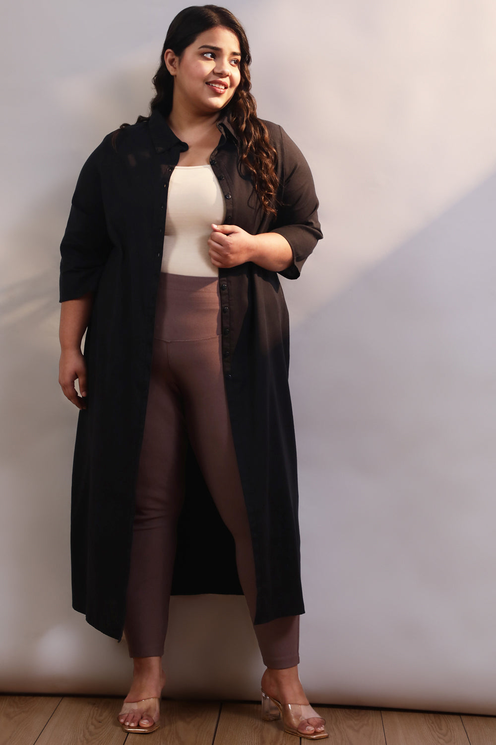 Plus Size Black Cotton Linen Kurta Shrug for Women