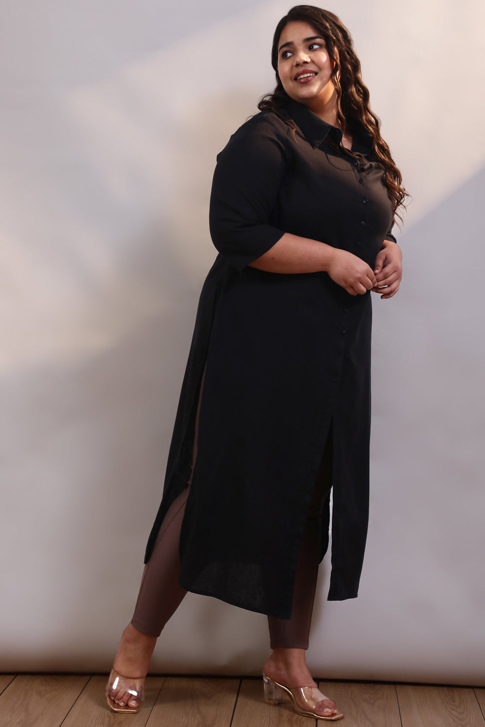 Comfortable Plus Size Black Cotton Linen Kurta Shrug