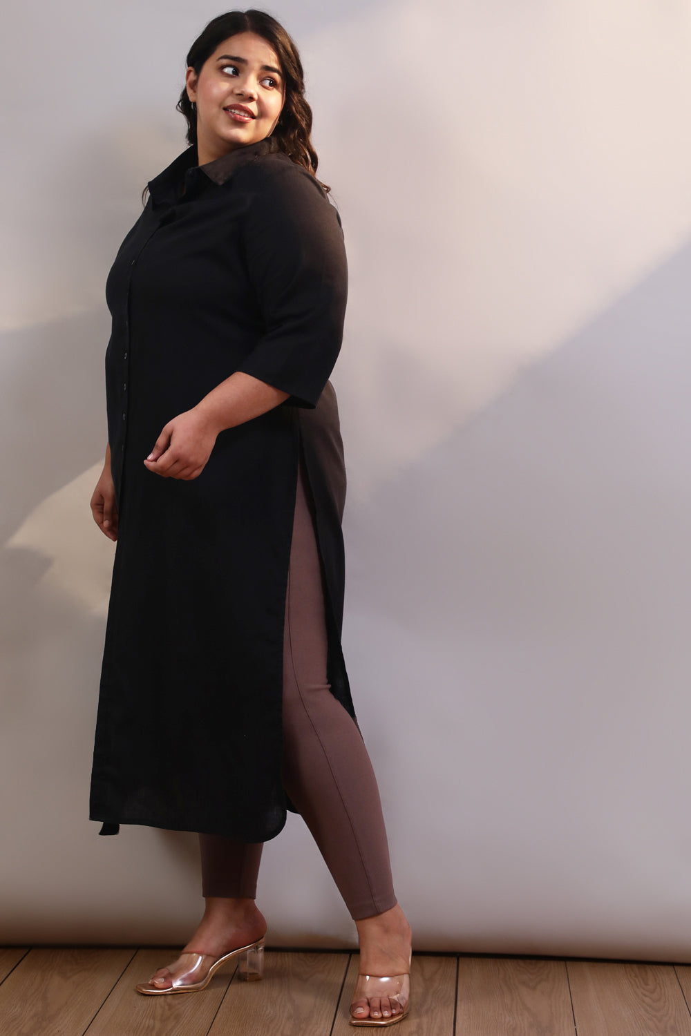 Plus Size Black Cotton Linen Kurta Shrug