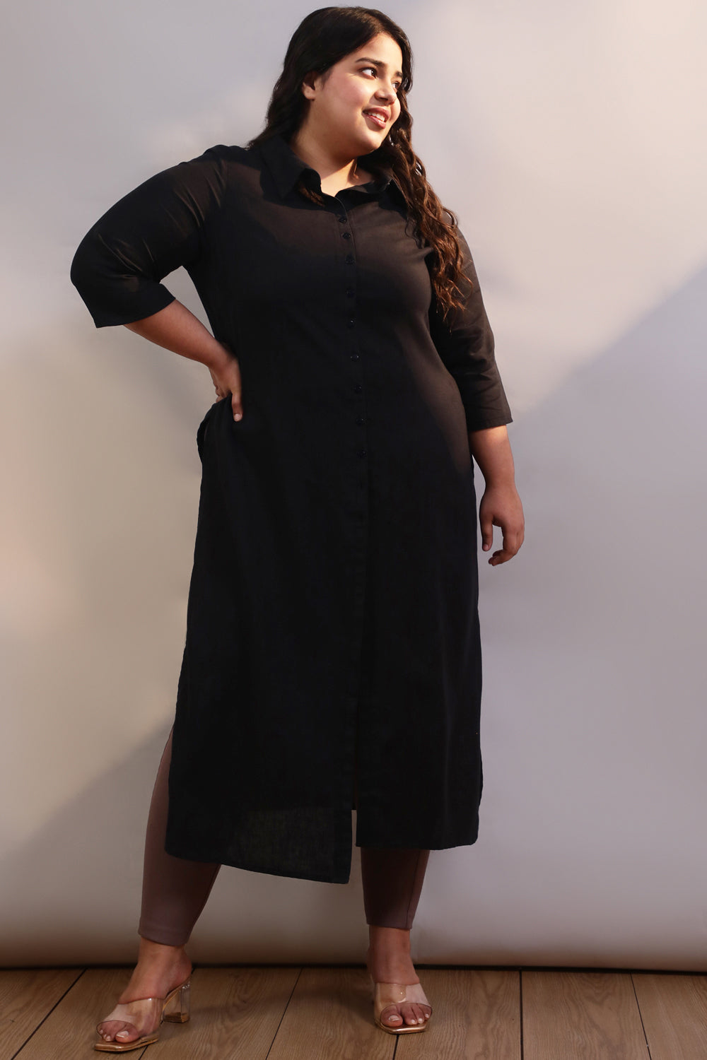 Plus Size Plus Size Black Cotton Linen Kurta Shrug