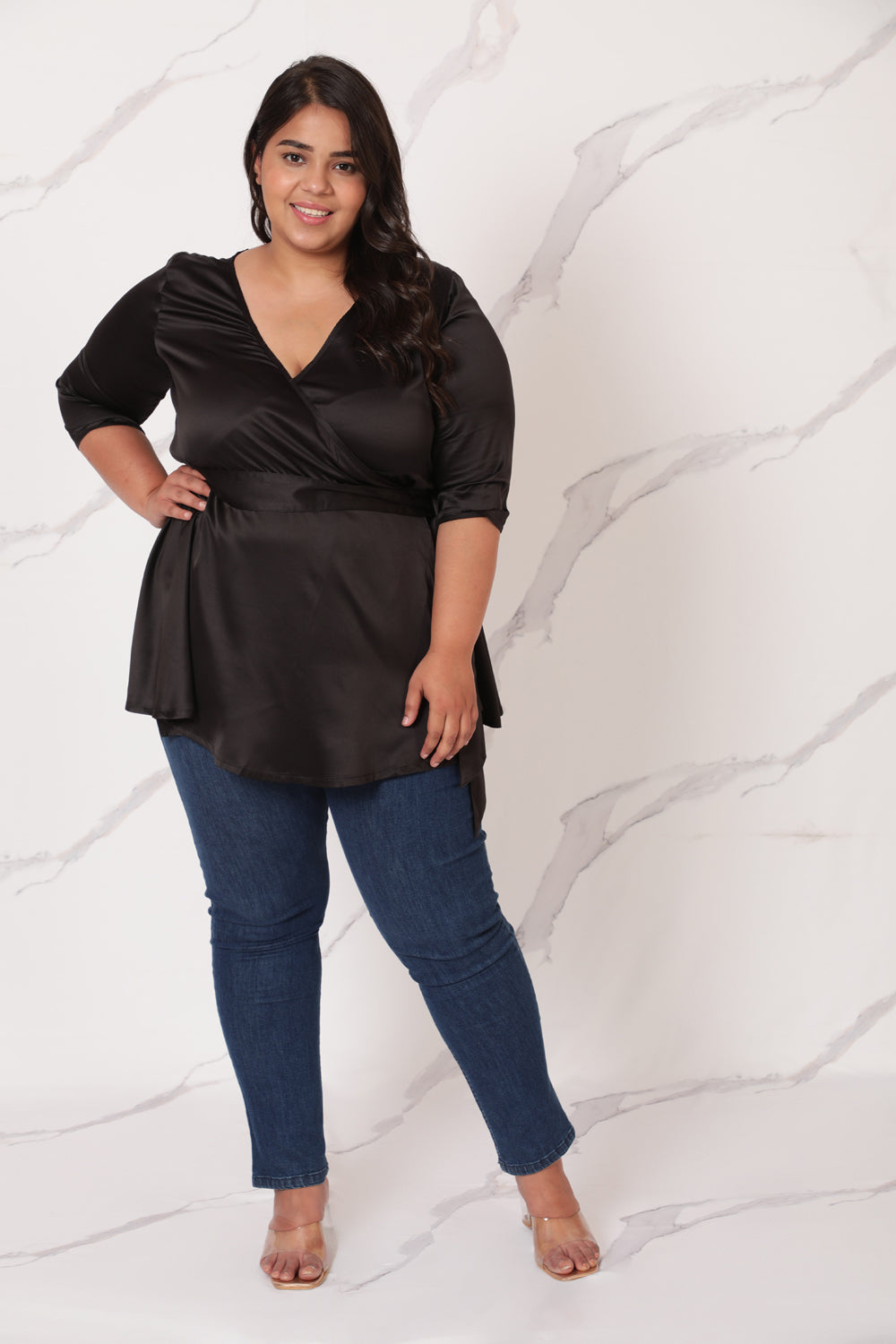 Black Satin Wrap Top for Women