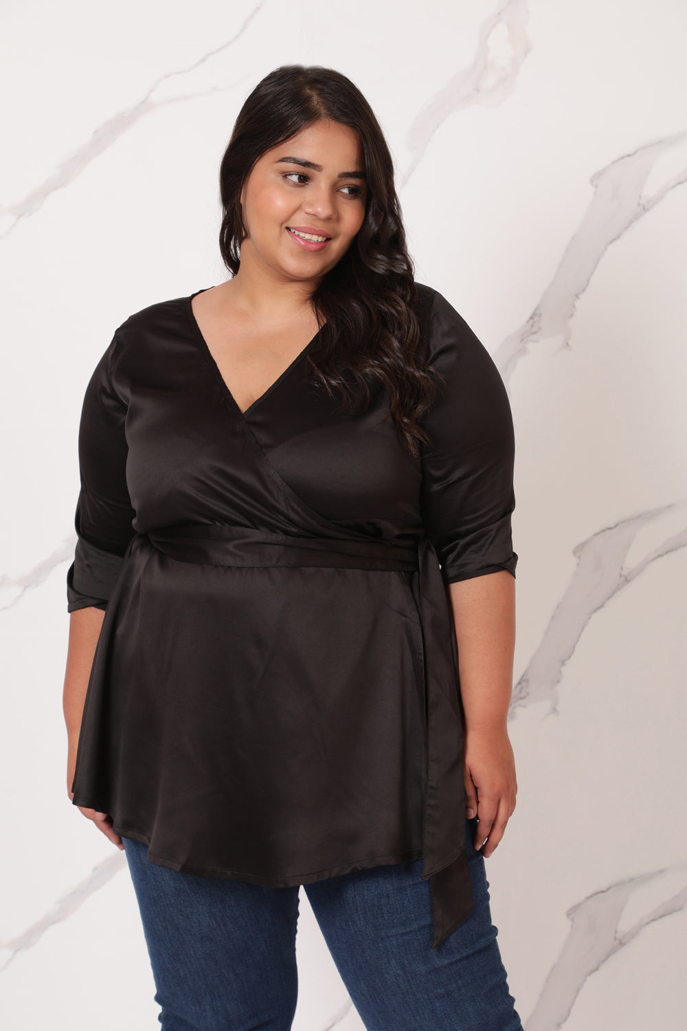 Comfortable Black Satin Wrap Top