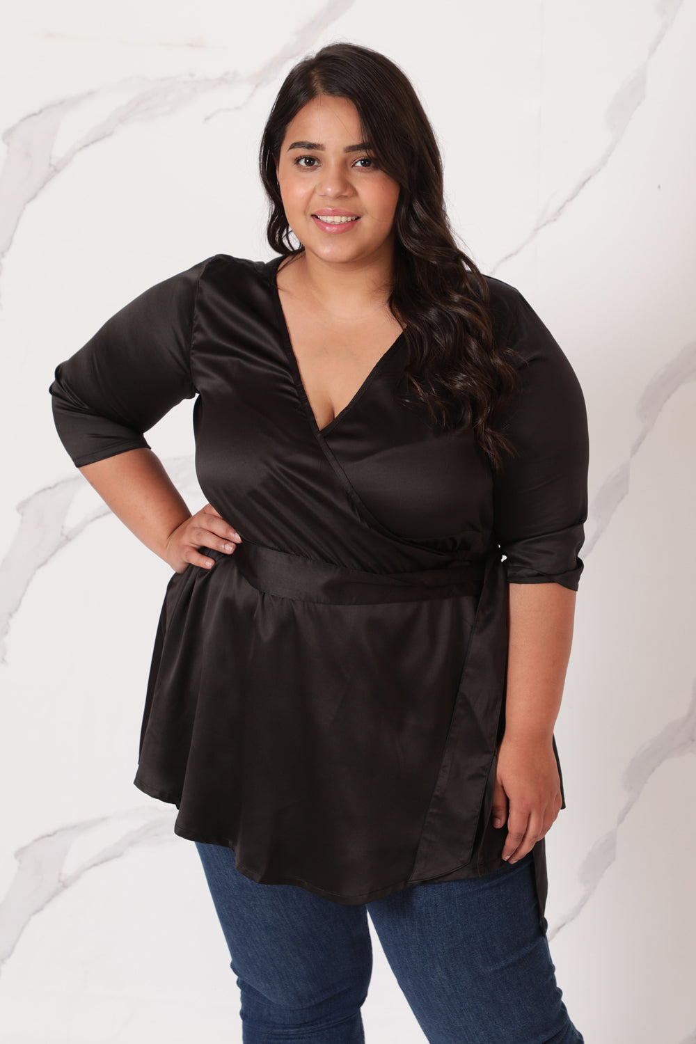 Black Satin Wrap Top