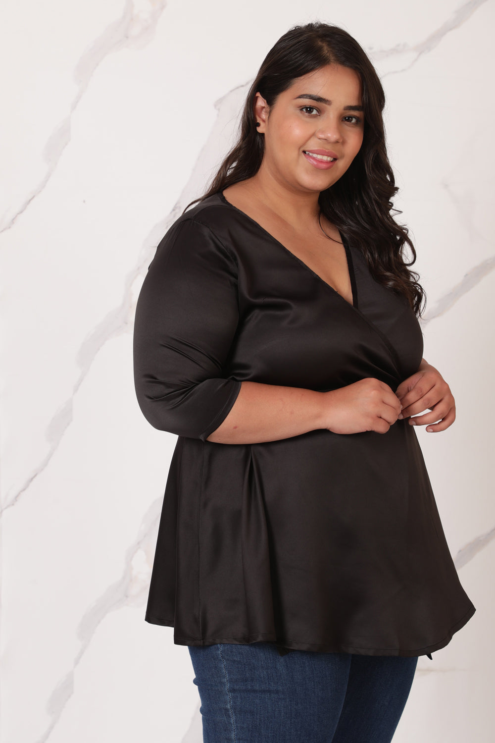 Black Satin Wrap Top