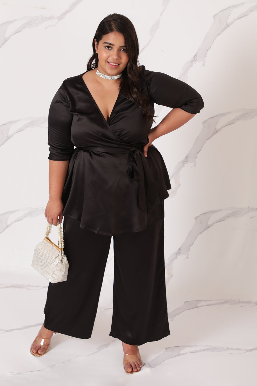 Black Satin Wrap Top