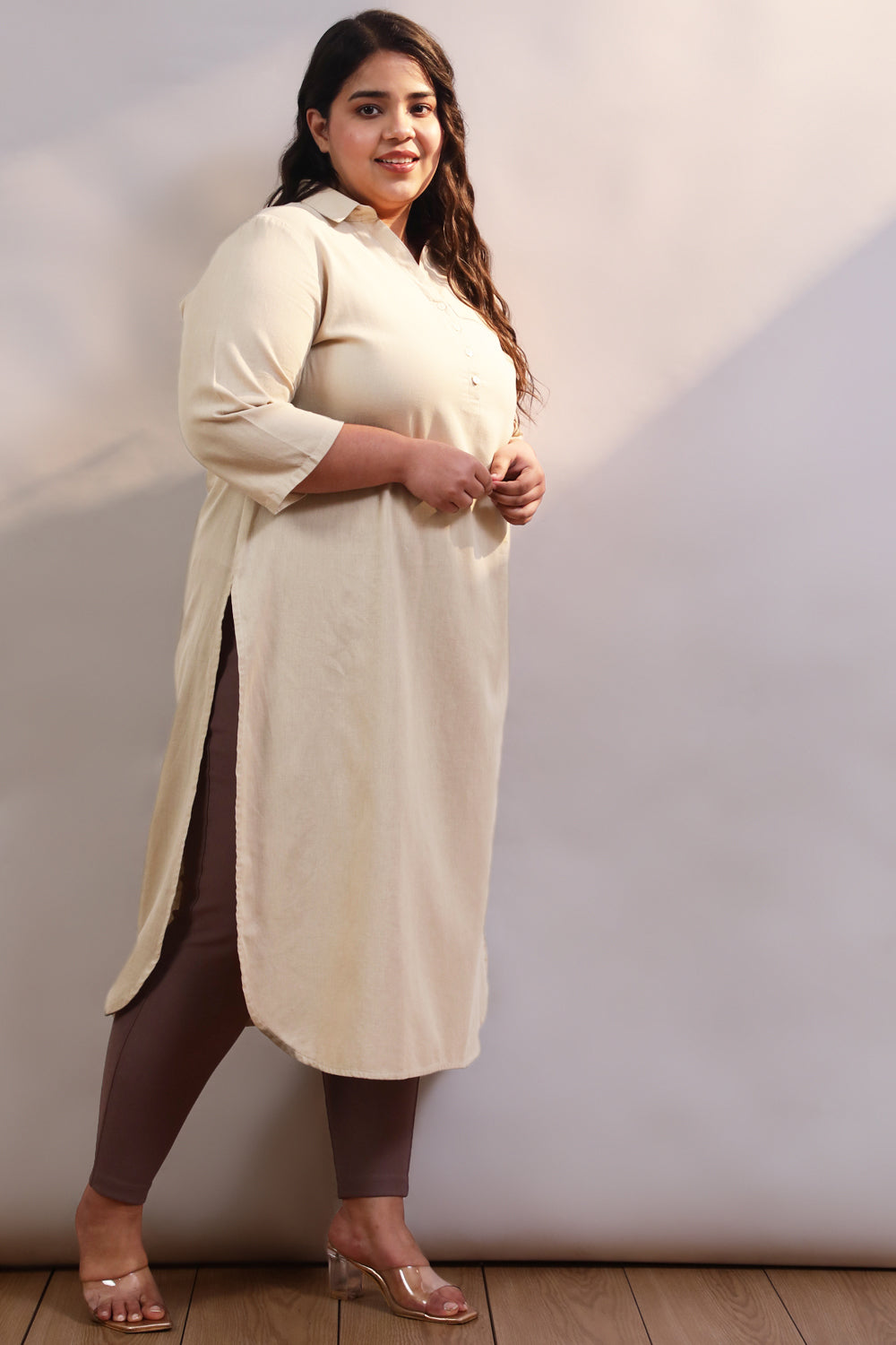 Buy Plus Size Cream Cotton Linen Collar Kurta