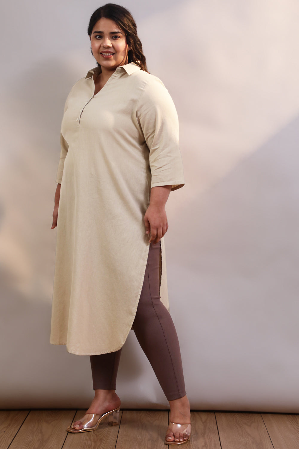 Plus Size Plus Size Cream Cotton Linen Collar Kurta