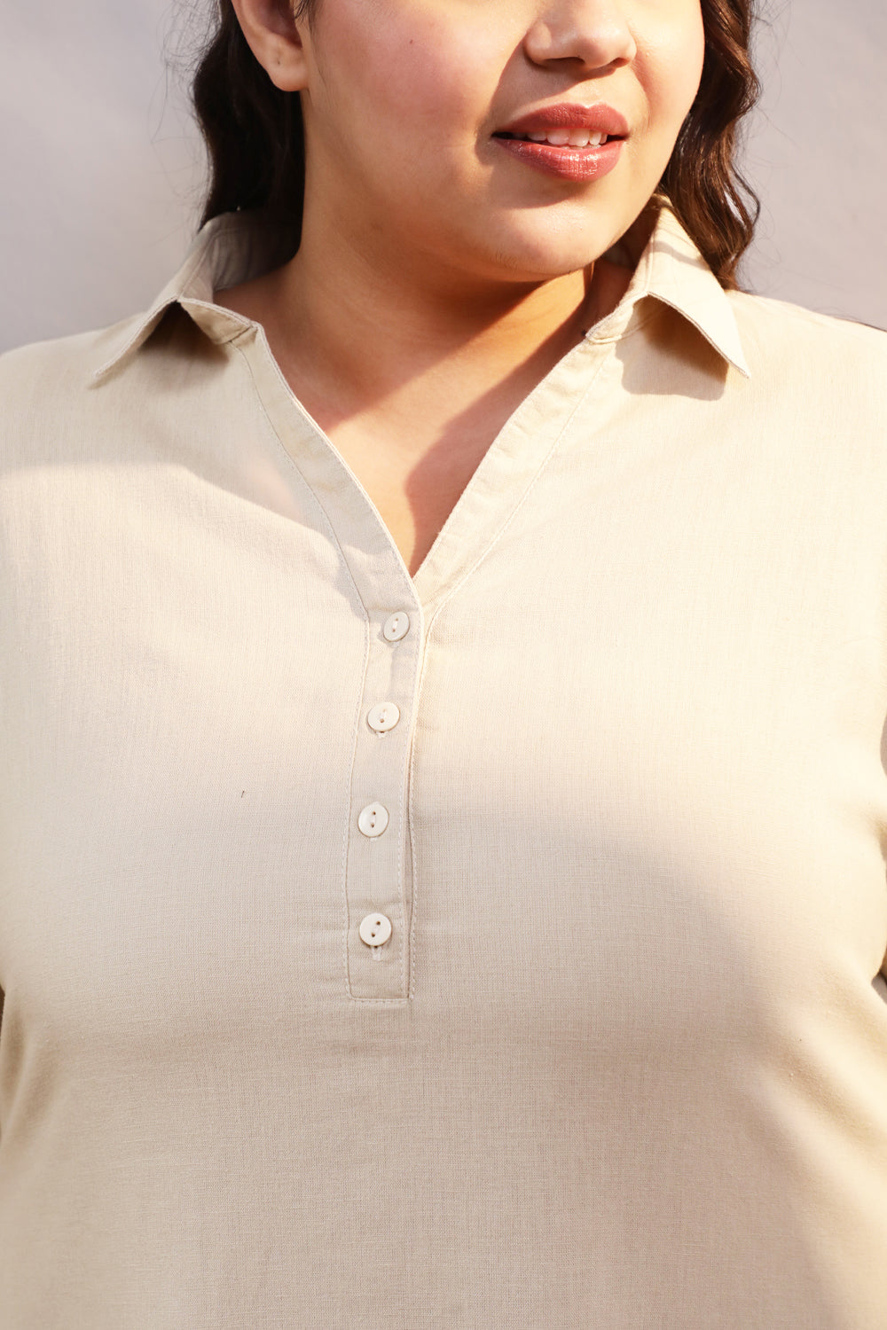 Plus Size Cream Cotton Linen Collar Kurta for Women