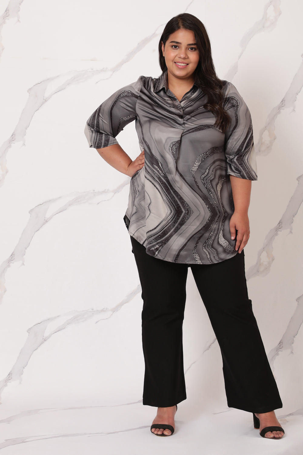 Black Marble Centre Pleat Satin Top