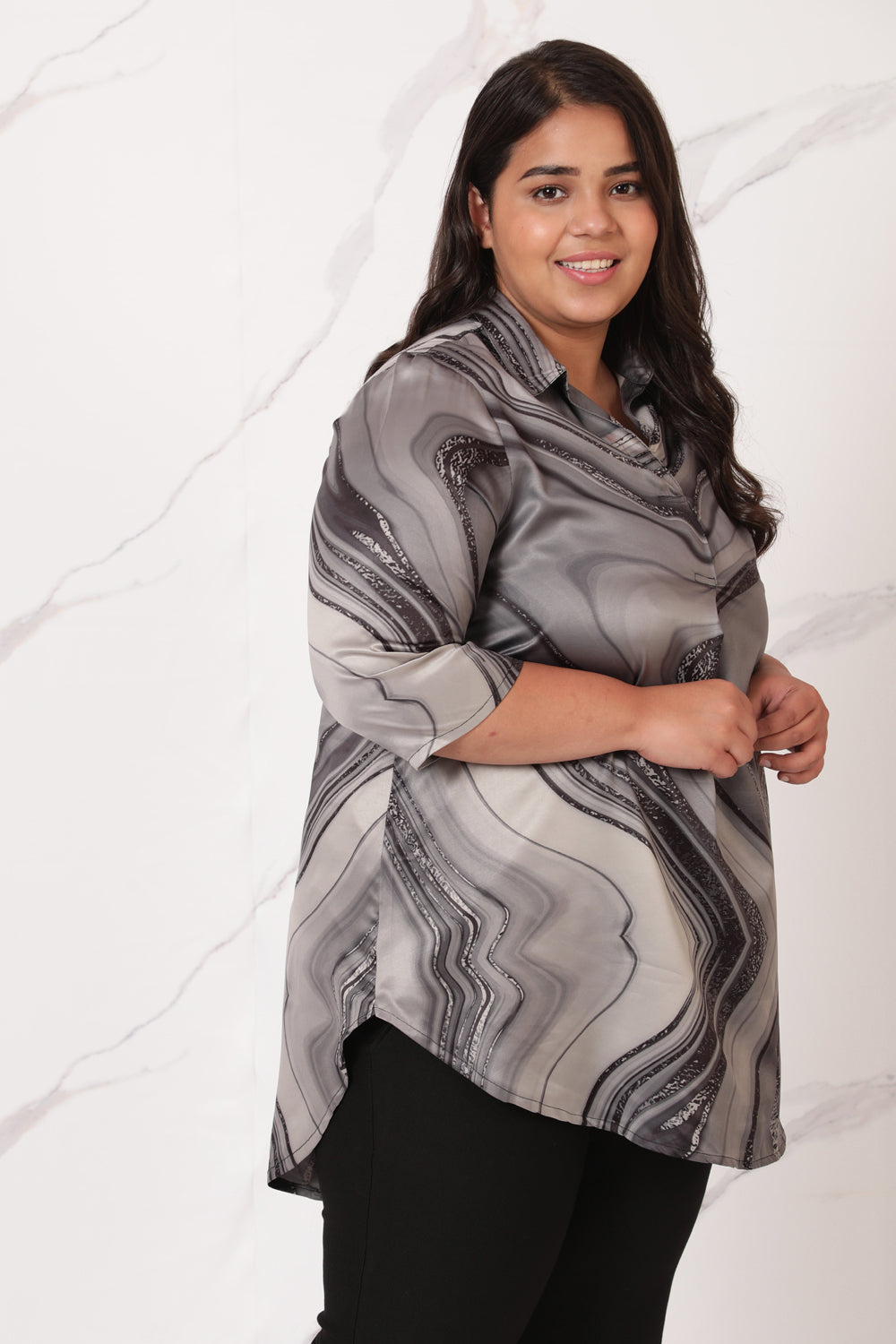 Black Marble Centre Pleat Satin Top