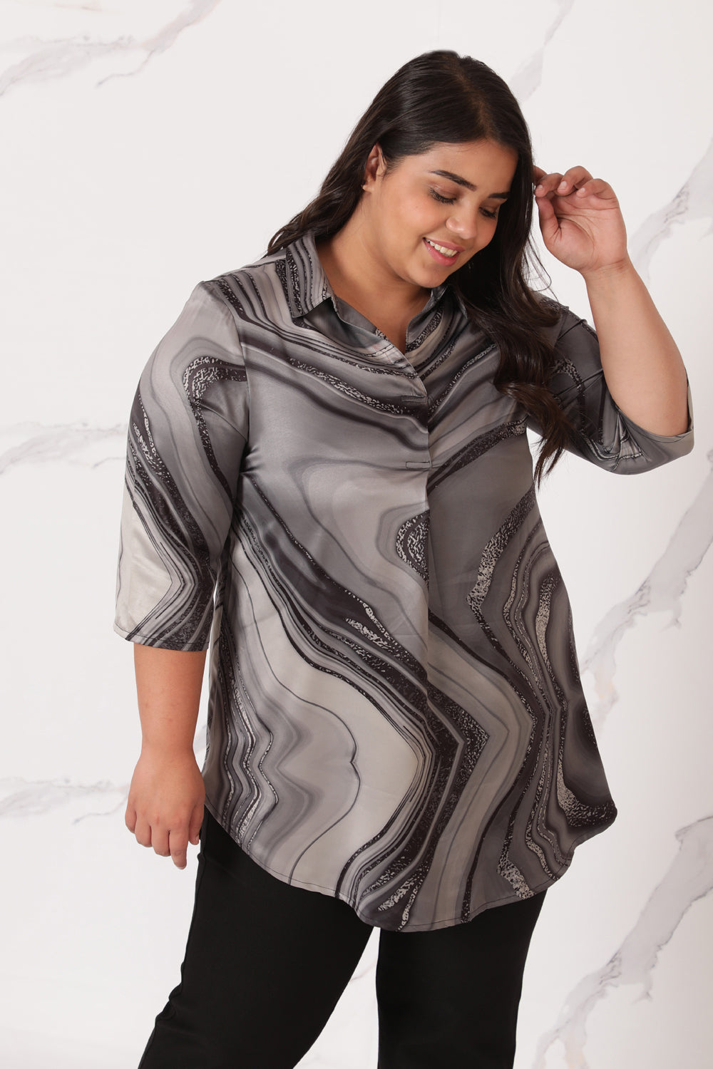 Black Marble Centre Pleat Satin Top