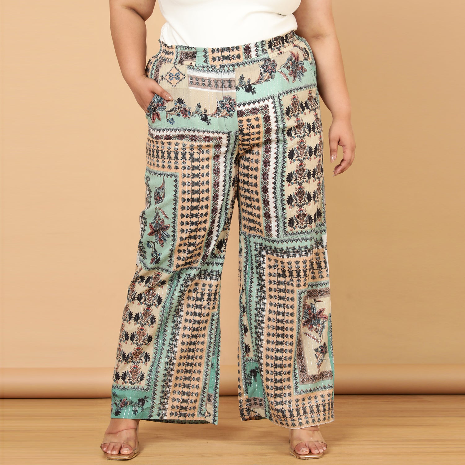 Plus Size Green White Ethnic Scarf Print Cotton High Waist Pants