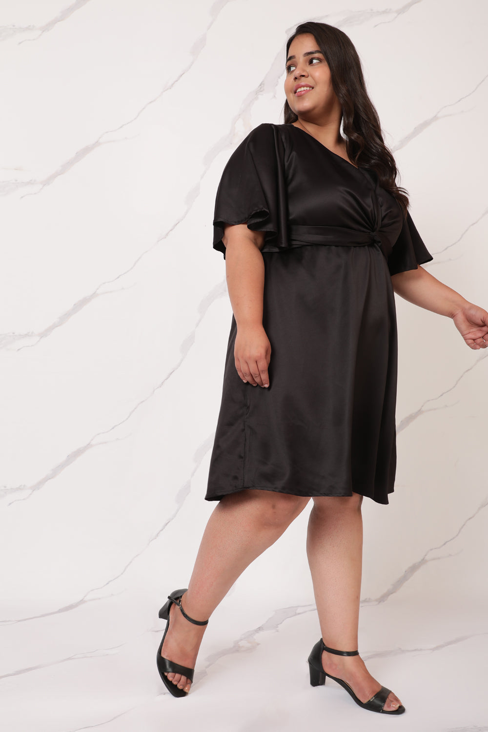 Plus Size Black Satin Midi Knot Dress