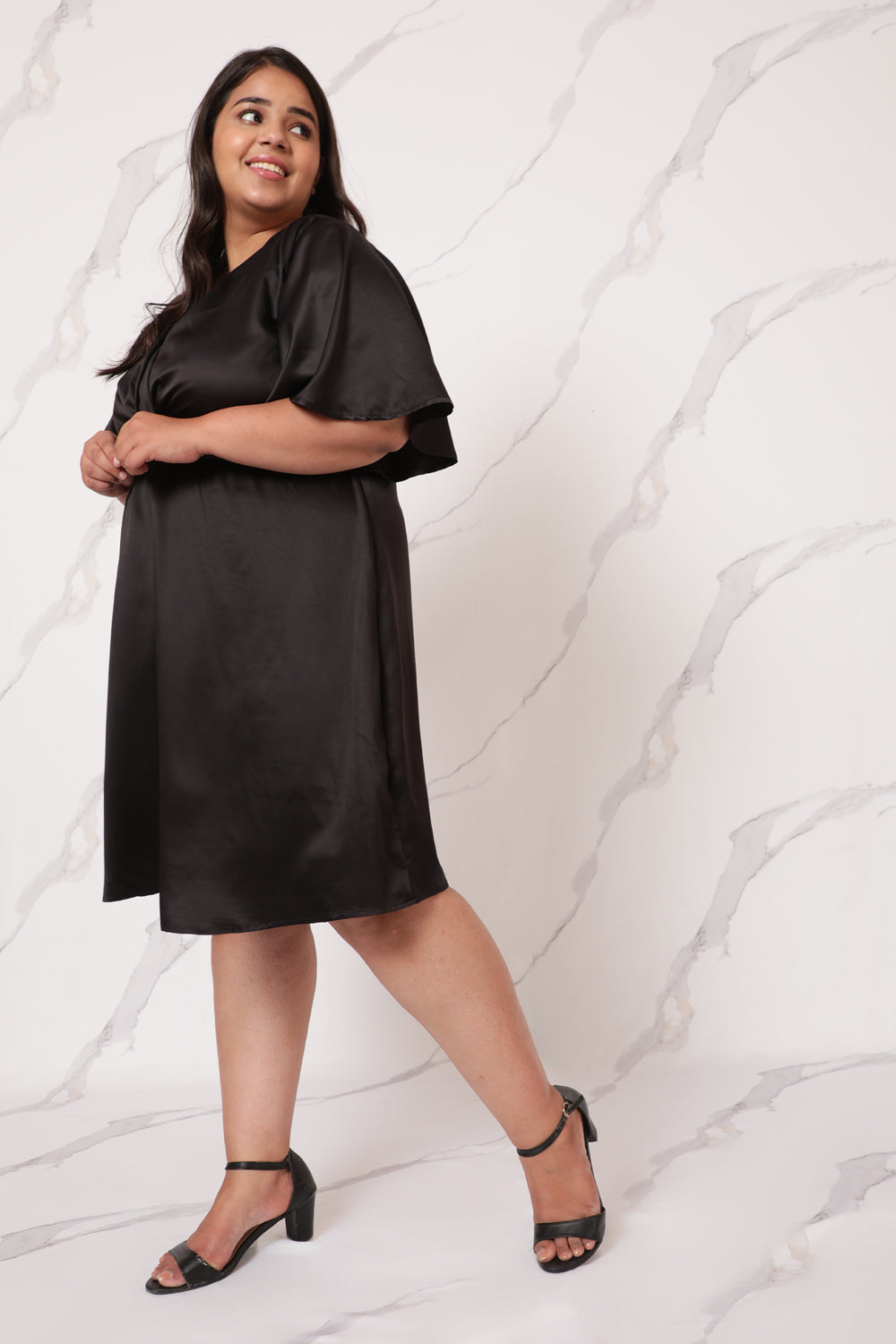 Black Satin Midi Knot Dress for Women