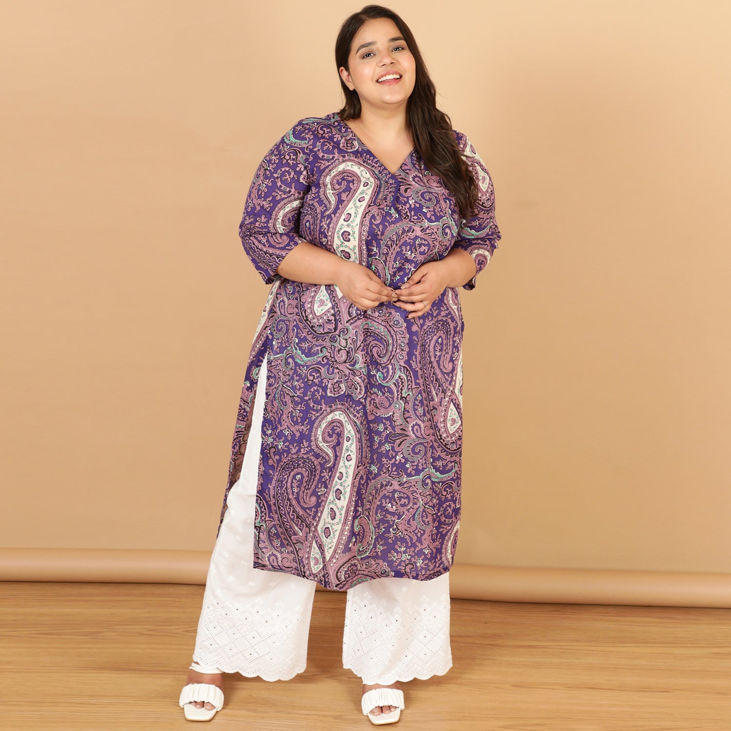 Plus Size Purple Paisley Print Cotton Kurta