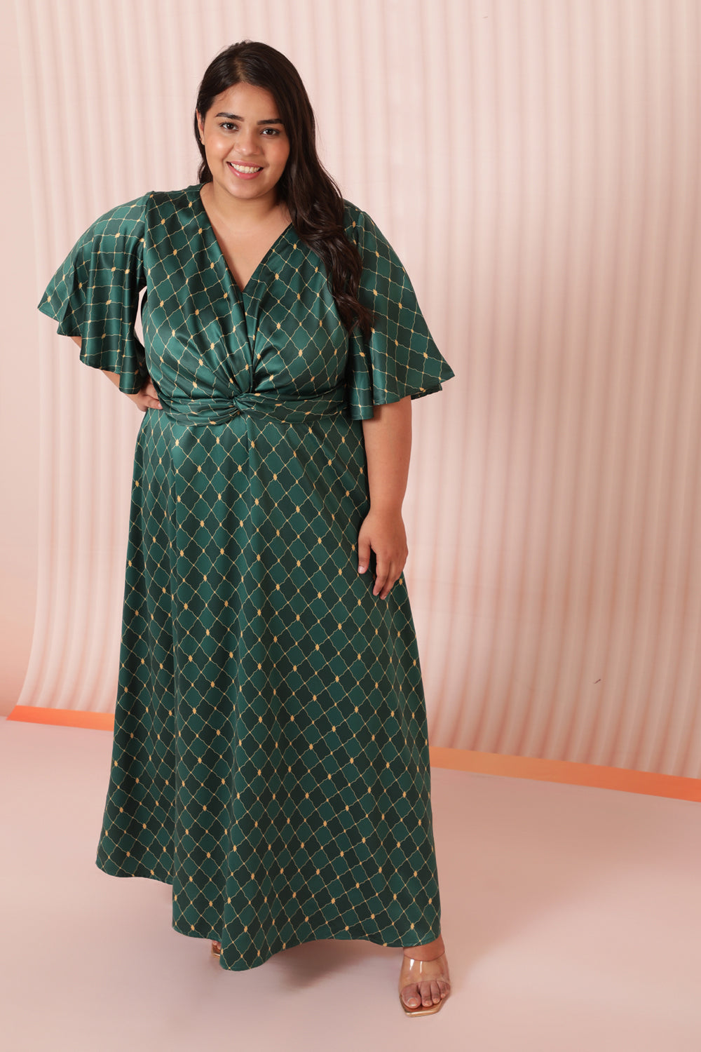 Green Motifs Satin Knot Dress