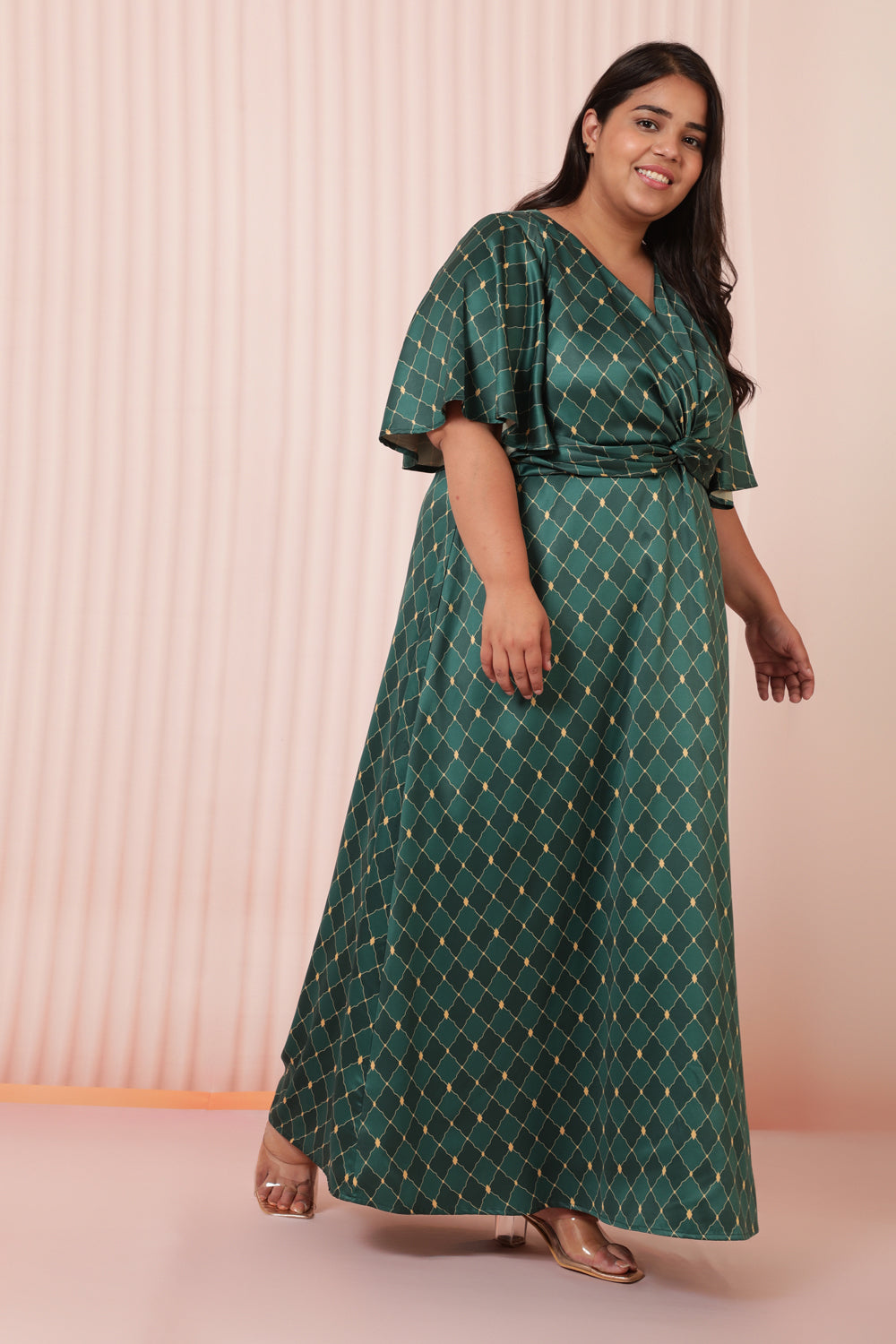 Green Motifs Satin Knot Dress