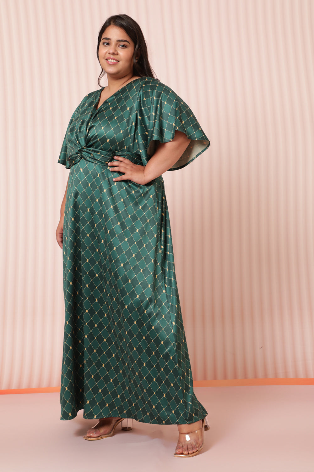 Green Motifs Satin Knot Dress